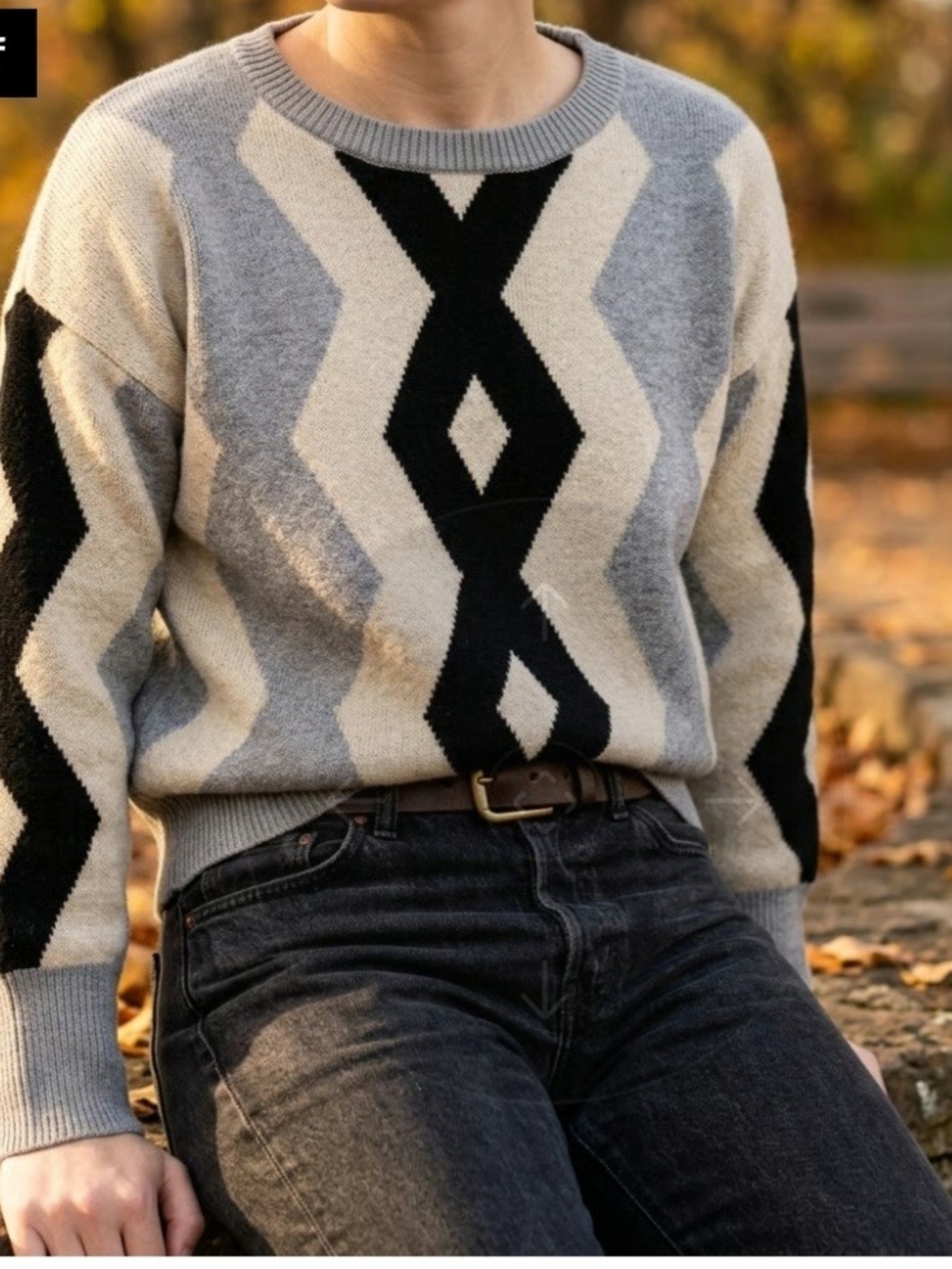 Crewneck Geometric Knit Sweater Dress in Gray, Black & Cream